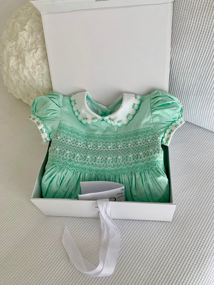 Hand smocked CALLIE dress mint