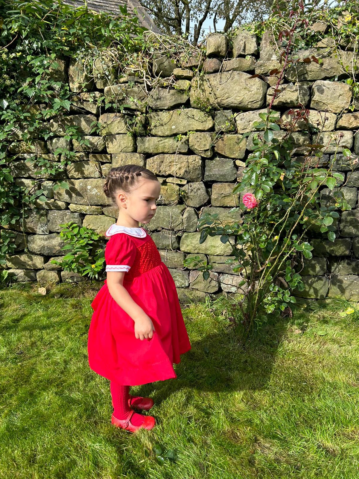 Hand smocked CLAIRE dress royal red and head band