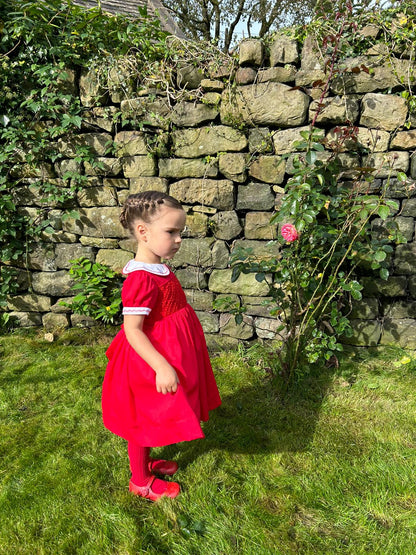 Hand smocked CLAIRE dress royal red and head band