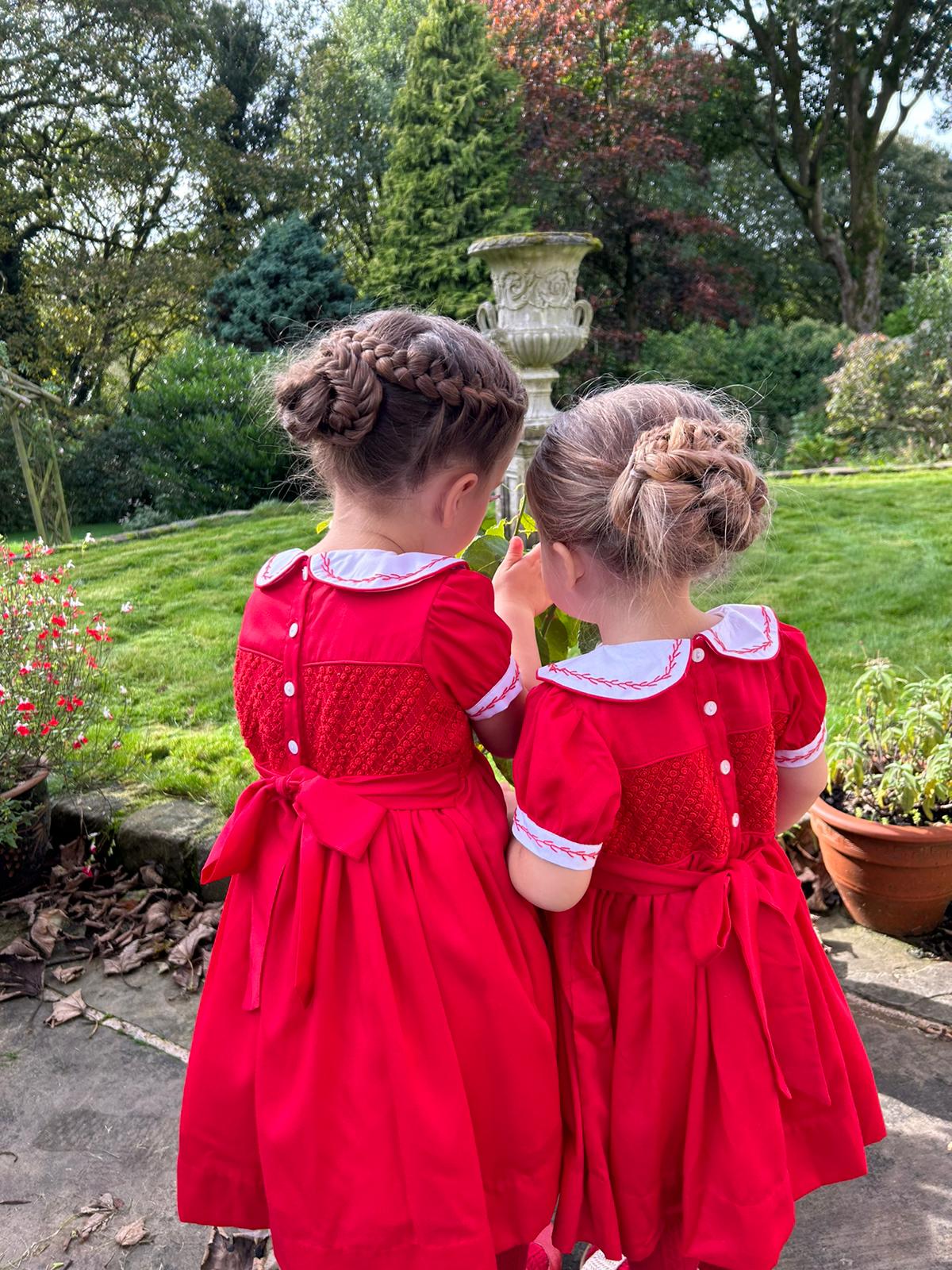 Hand smocked CLAIRE dress royal red and head band