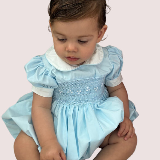Hand Smocked Ellis romper soft blue