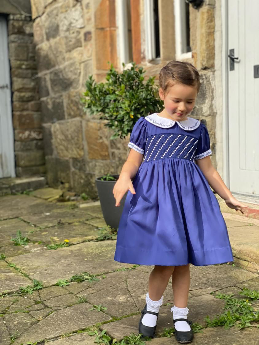 Hand smocked CLAIRE dress navy blue