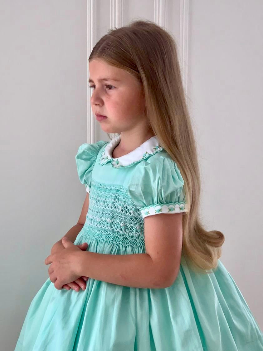 Hand smocked CALLIE dress mint