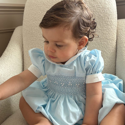 Hand Smocked Ellis romper soft blue