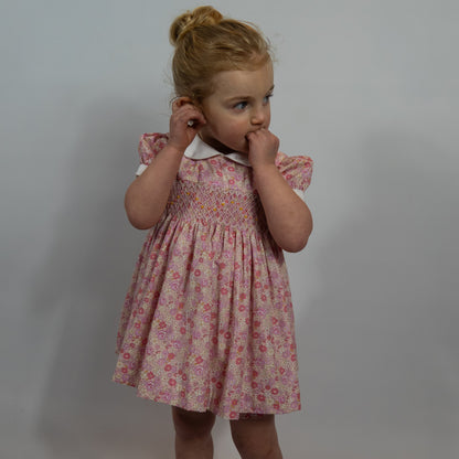 Soft pink Hand Smocked baby dress with bloomer