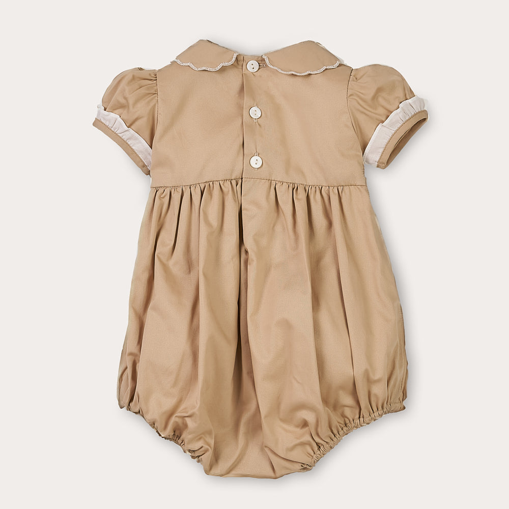 Hand Smocked Talia romper coffee cream