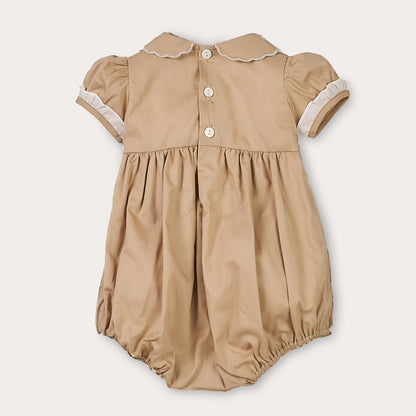 Hand Smocked Talia romper coffee cream