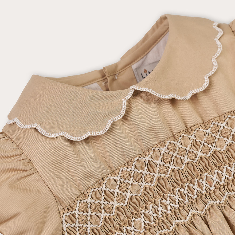 Hand Smocked Talia romper coffee cream