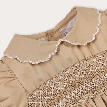 Hand Smocked Talia romper coffee cream