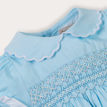 Hand Smocked Talia romper soft blue
