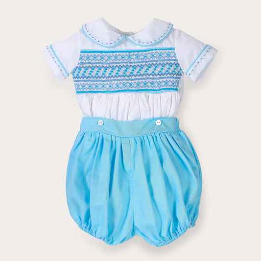 Sky blue satin hand smocked bubble set