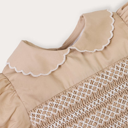 Hand smocked Talia dress coffee cream