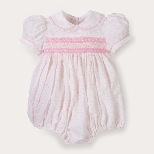 Hand Smocked LINDY Romper pink Swiss dot