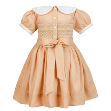 Load image into Gallery viewer, Hand smocked  CHRISTINA dress in Camel
