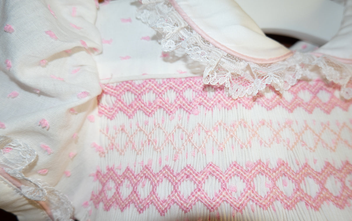 Hand smocked LINDY dress pink Swiss dot