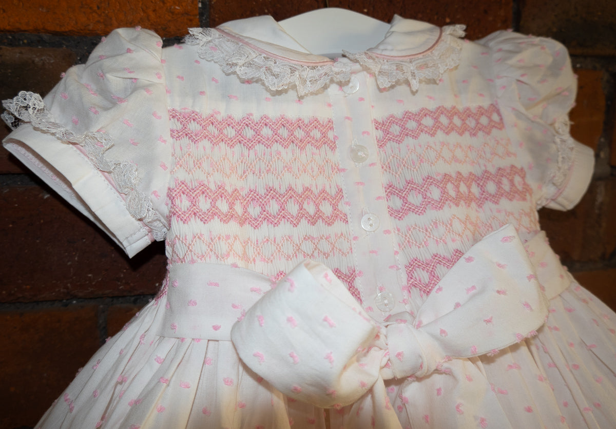 Hand smocked LINDY dress pink Swiss dot