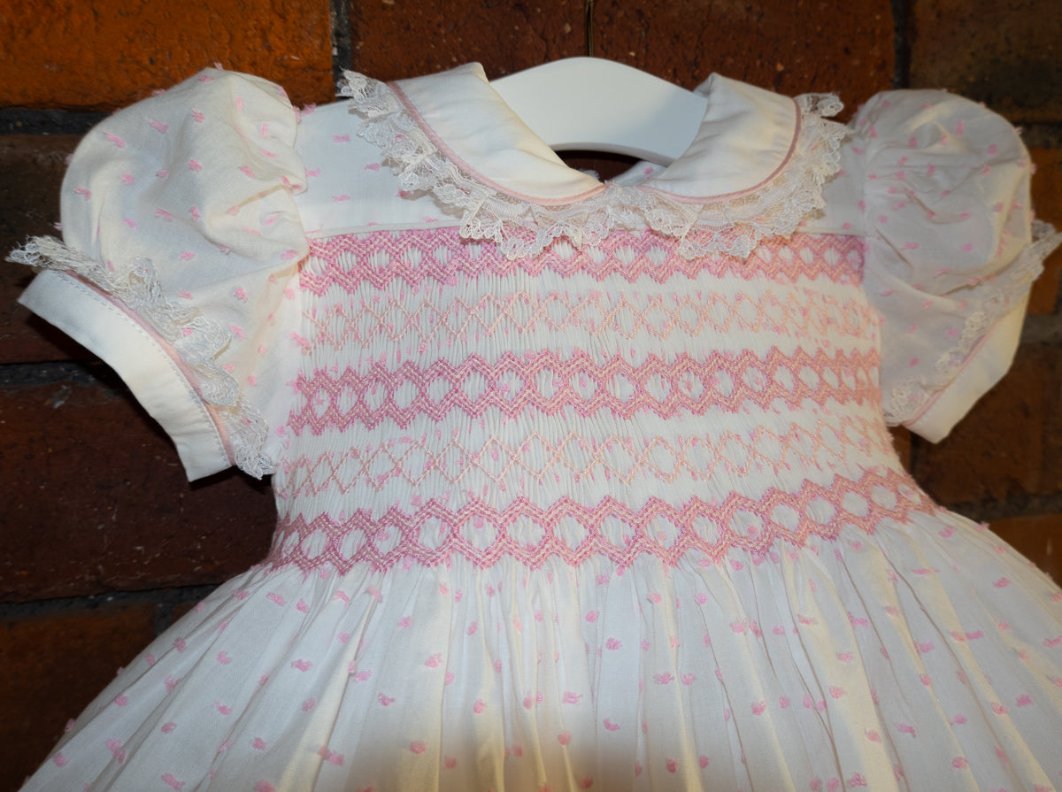 Hand smocked LINDY dress pink Swiss dot
