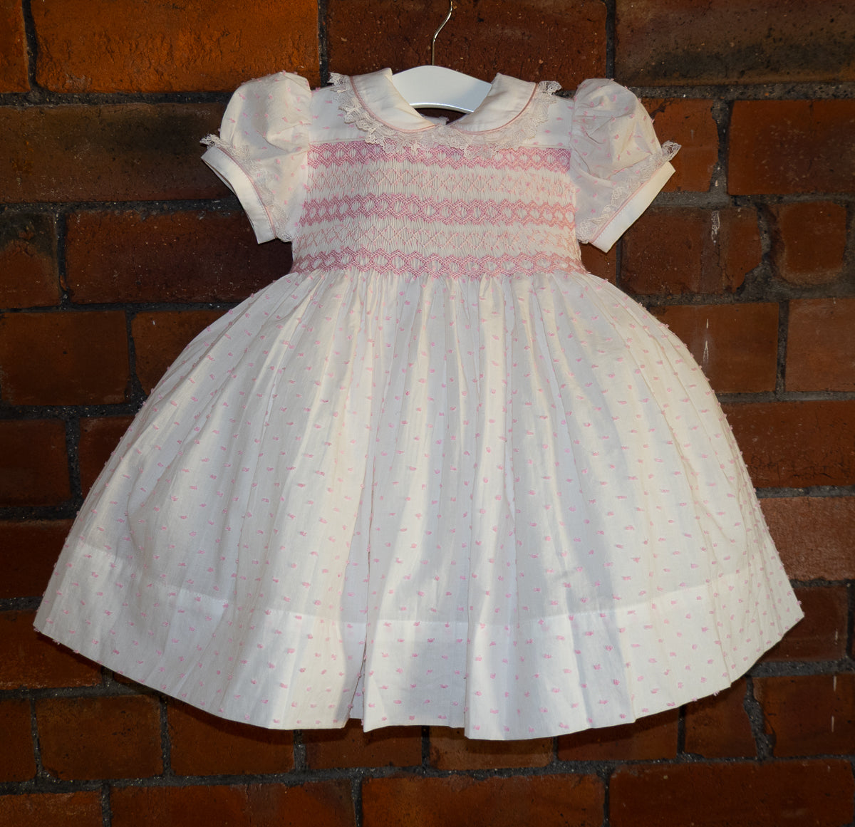 Hand smocked LINDY dress pink Swiss dot