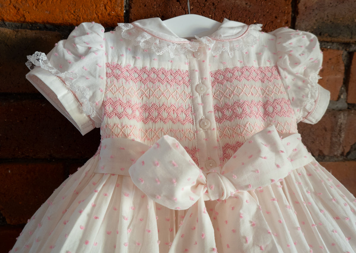 Hand smocked LINDY dress pink Swiss dot