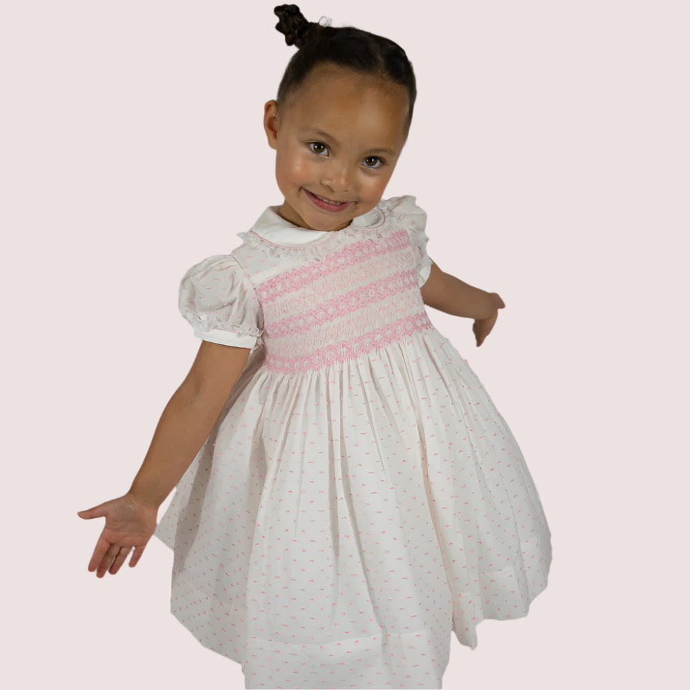 Hand smocked LINDY dress pink Swiss dot