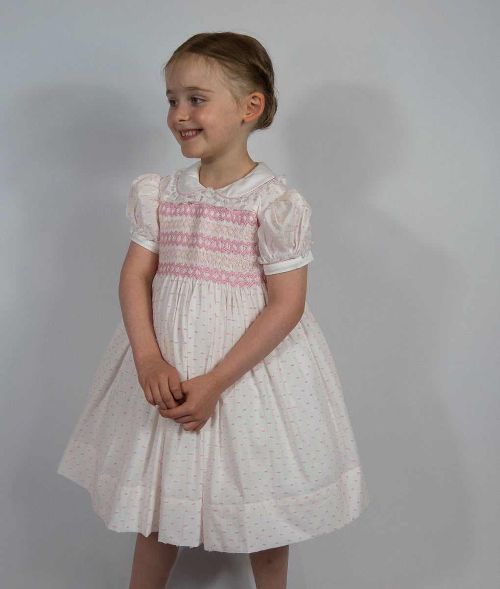 Hand smocked LINDY dress pink Swiss dot