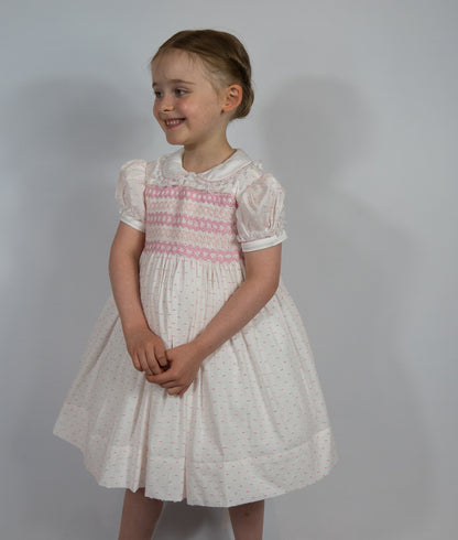 Hand smocked LINDY dress pink Swiss dot