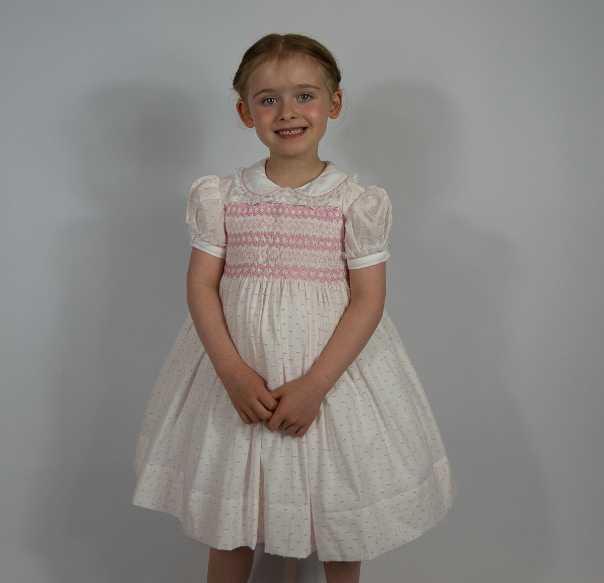 Hand smocked LINDY dress pink Swiss dot