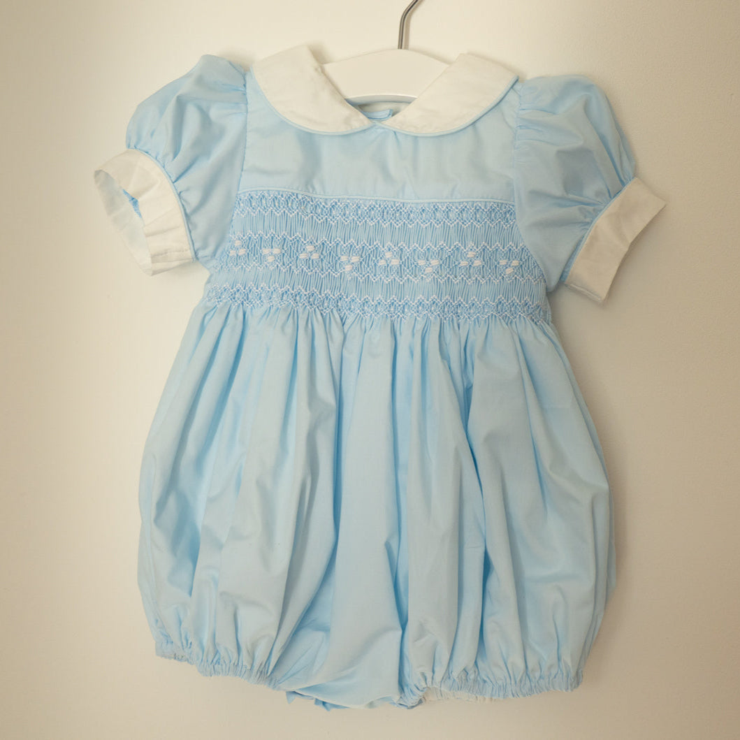 Hand Smocked Ellis romper soft blue