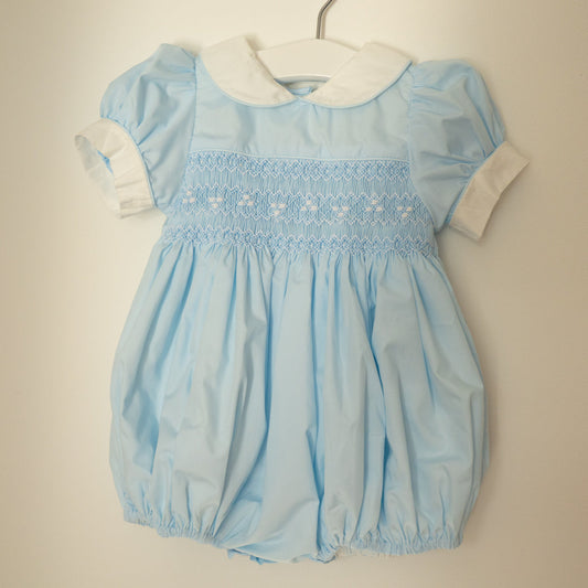 Hand Smocked Ellis romper soft blue