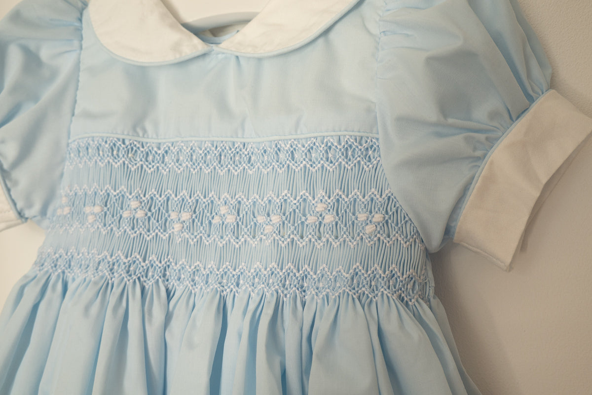 Hand Smocked Ellis romper soft blue