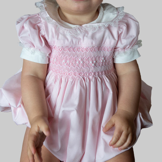 Hand Smocked Ellis romper soft pink