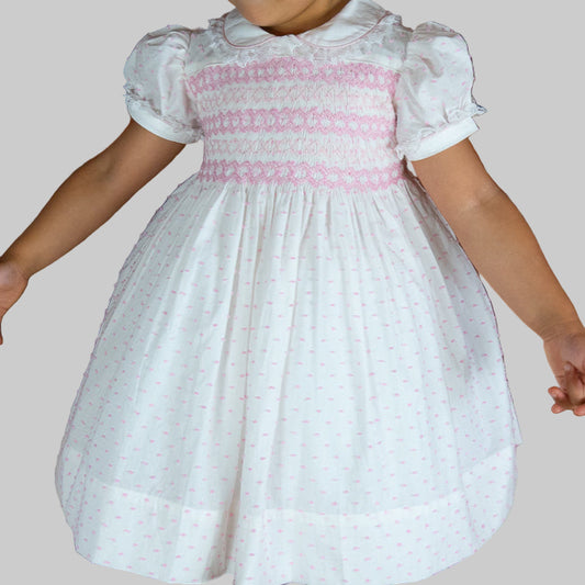 Hand smocked LINDY dress pink Swiss dot