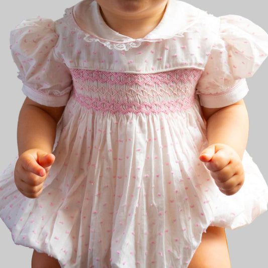 Hand Smocked LINDY Romper pink Swiss dot