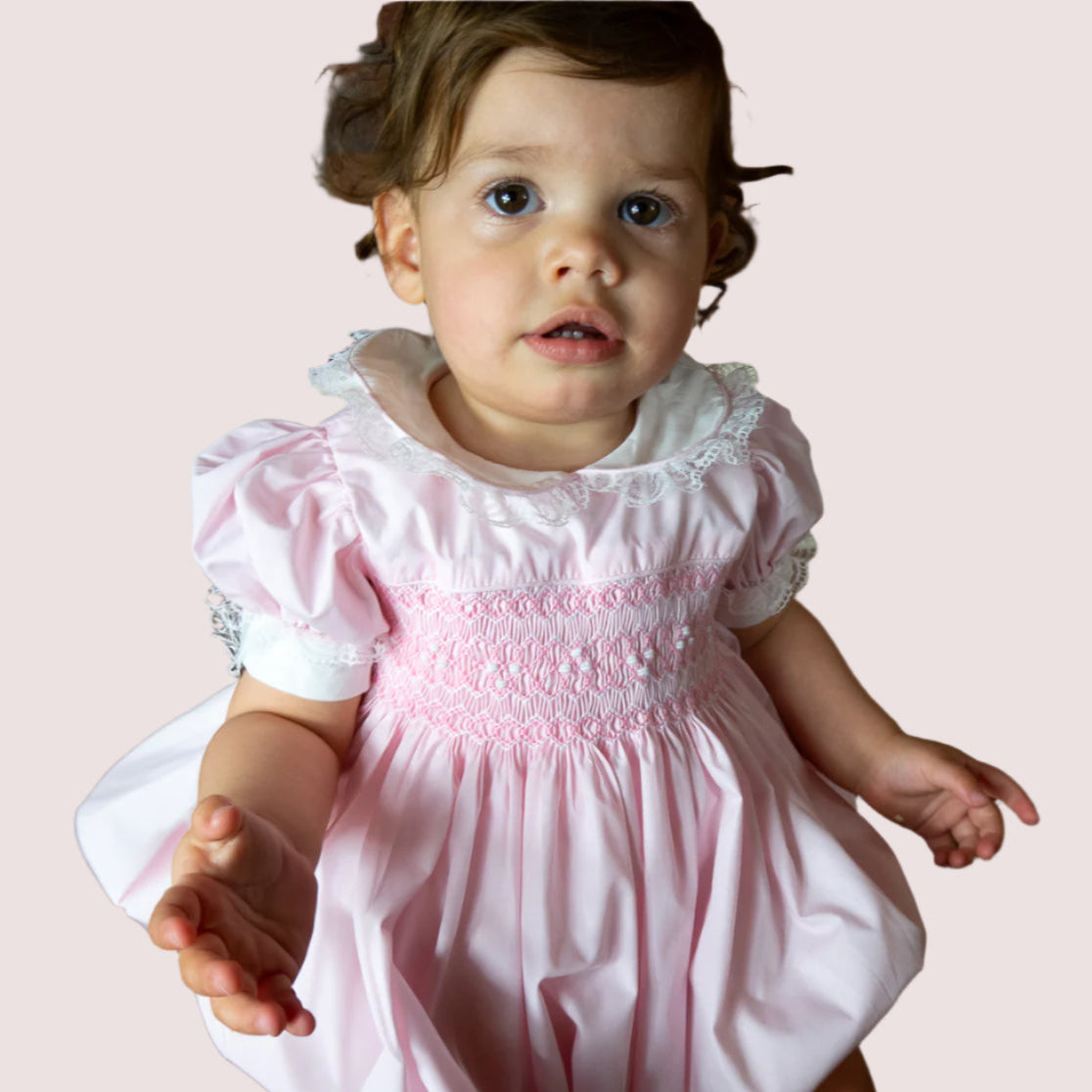 Hand Smocked Ellis romper soft pink