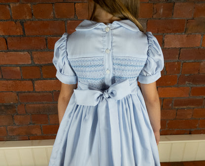 Hand smocked Alice dress power blue