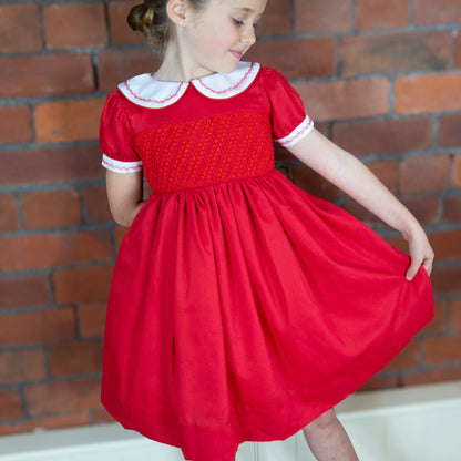 Hand smocked CLAIRE dress royal red and head band
