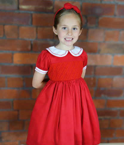 Hand smocked CLAIRE dress royal red and head band