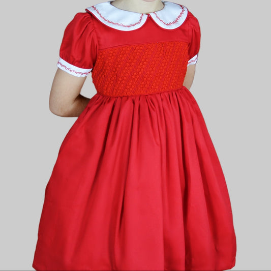 Hand smocked CLAIRE dress royal red and head band