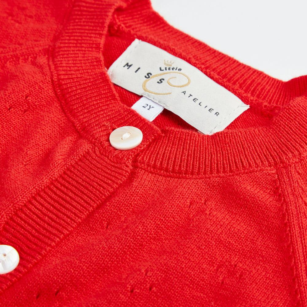 Pure organic cotton open work cardigan red