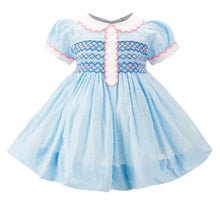 Load image into Gallery viewer, Hand smocked CYANE dress in azure blue.
