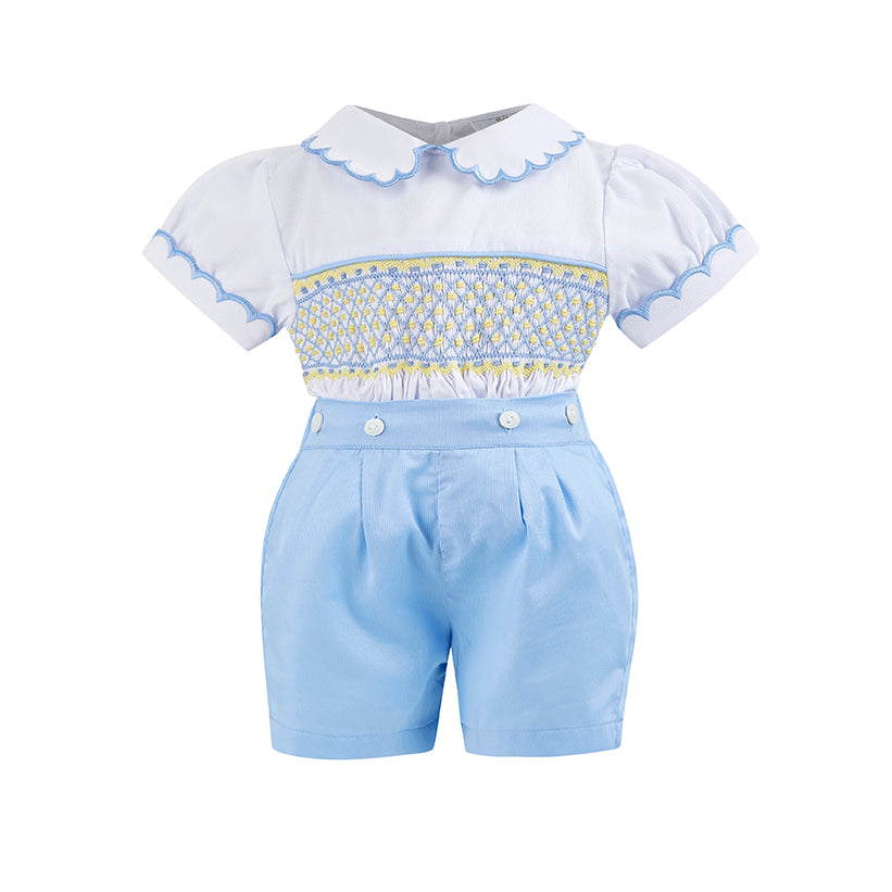 Boy's Hand Smocked lemon and blue Set