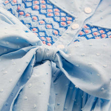 Load image into Gallery viewer, LITTLEMISSC Hand smocked CYANE dress in azure blue.
