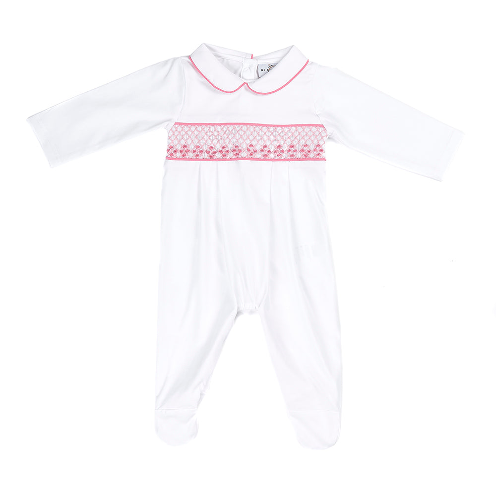 Hand smocked cotton babygrow pink