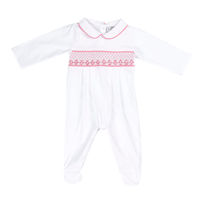 Hand smocked cotton babygrow pink