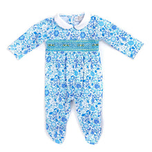 Load image into Gallery viewer, Hand smocked babygrow floral blue
