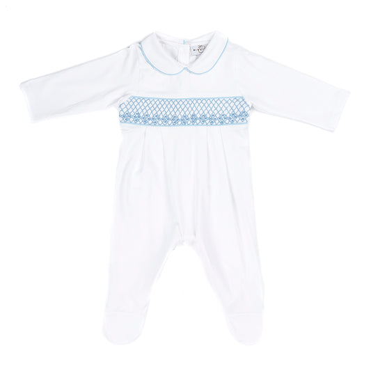 Hand smocked cotton babygrow blue