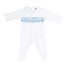 Load image into Gallery viewer, Hand smocked cotton babygrow blue
