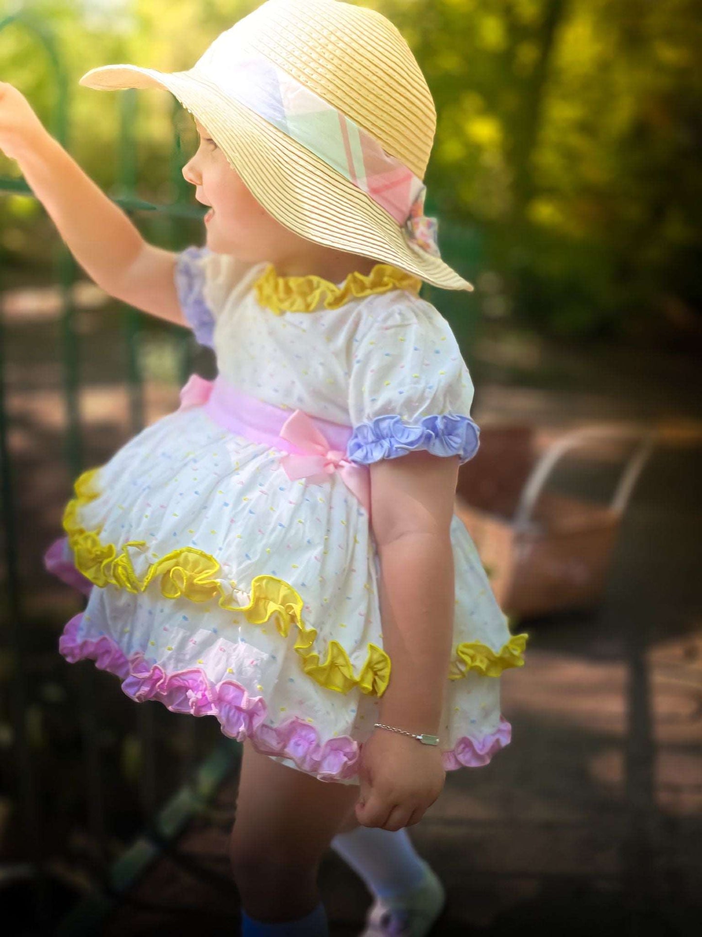 Littlemissc rainbow Swiss dot double layered puffball dress with bloomers