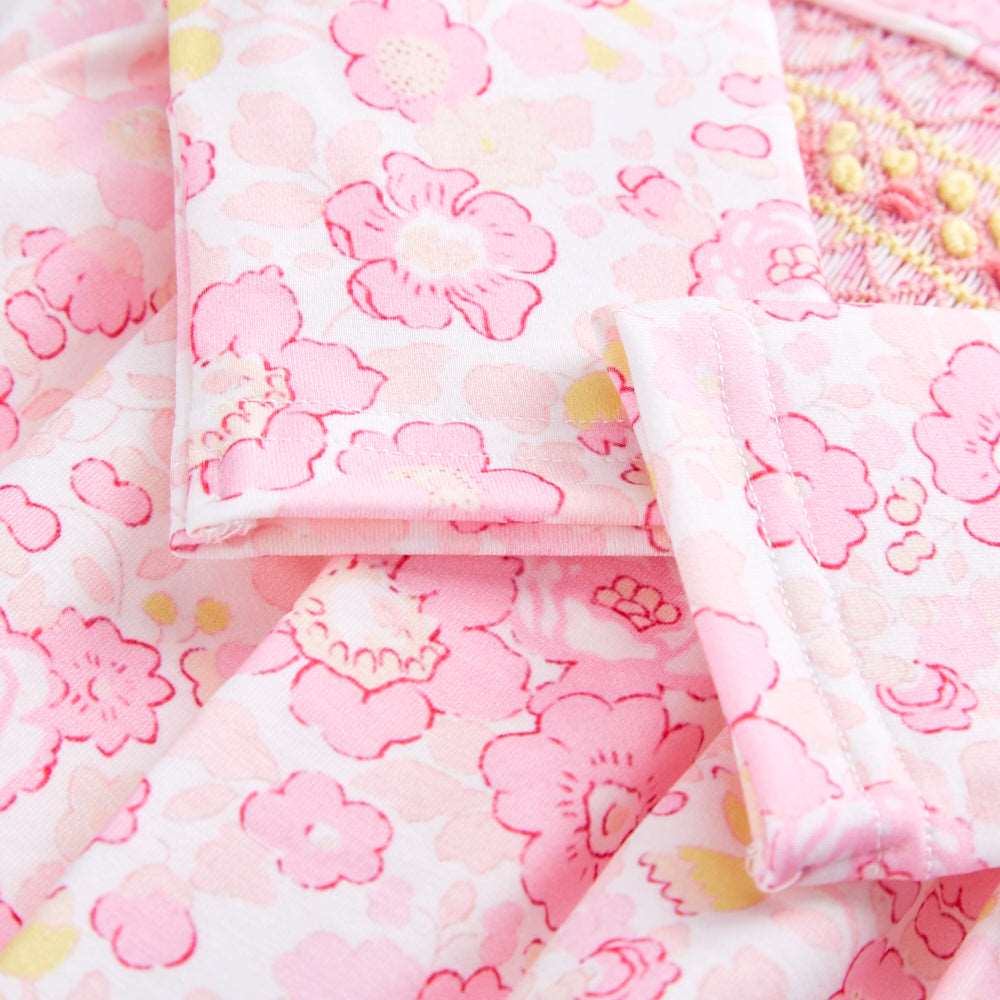 Hand smocked babygrow floral pink