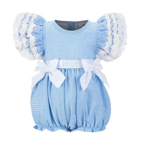 Load image into Gallery viewer, LITTLEMISSC blue ruffle gingham romper
